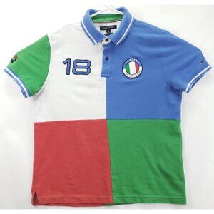 Tommy Hilfiger Polo Shirt Mens M Green Blue Colorblock Cotton Italia Hilfiger
